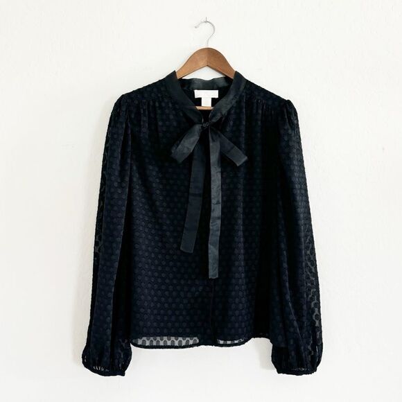 Rachel Parcell Textured Dot Black Blouse with Bow Collar Holiday Size XL - Picture 2 of 12